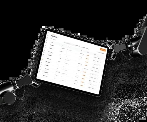 A tablet with the list of venues held by two robot arms