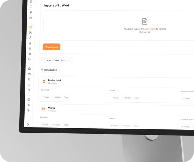 The office panel: importing a menu from a Word file and the weekly menu view