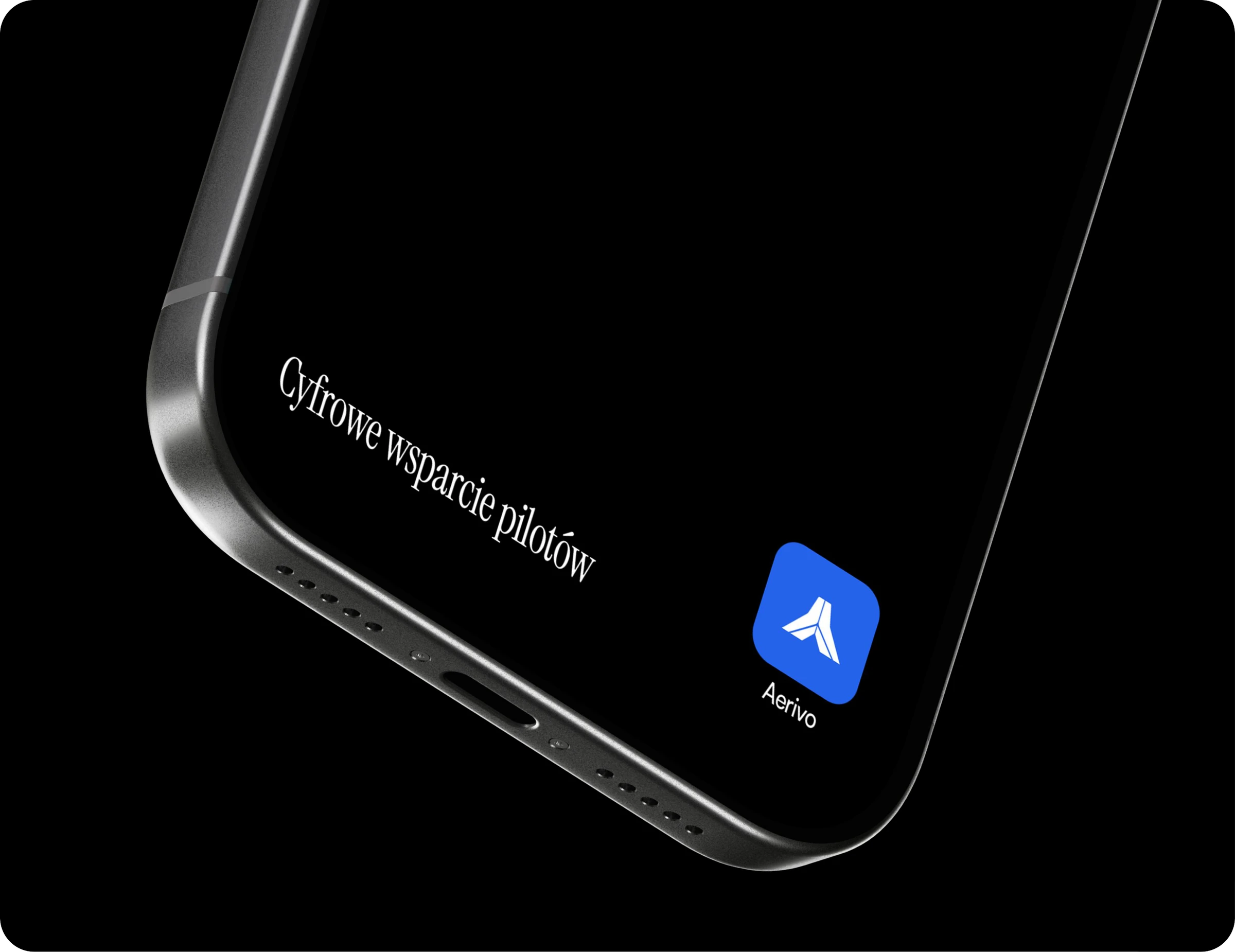 Telefon z ikoną aplikacji Aerivo i hasłem „Cyfrowe wsparcie pilotów” na czarnym tle