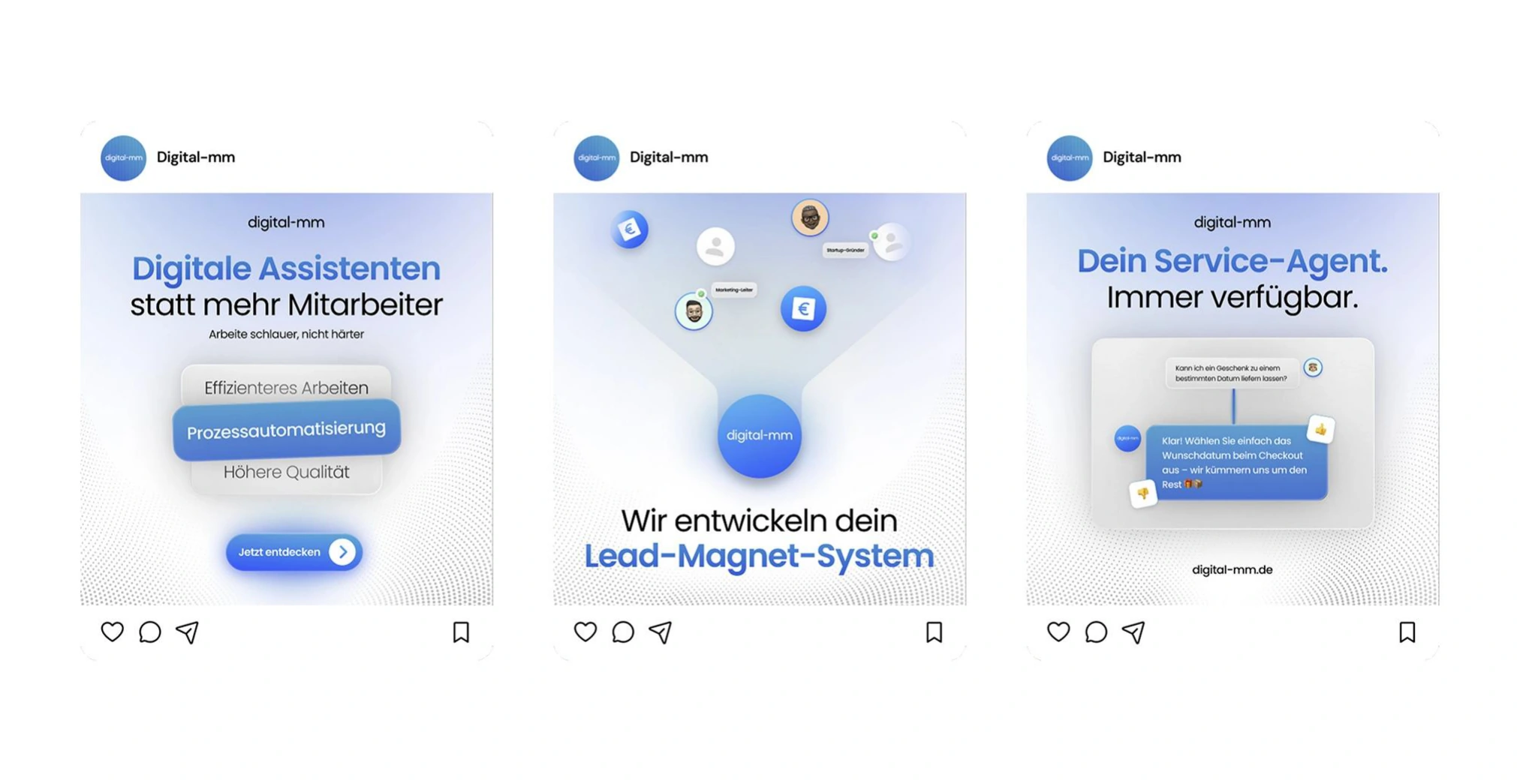 Trzy posty na Instagram dla digital-mm, po niemiecku: cyfrowi asystenci, system lead magnet i agent obsługi klienta