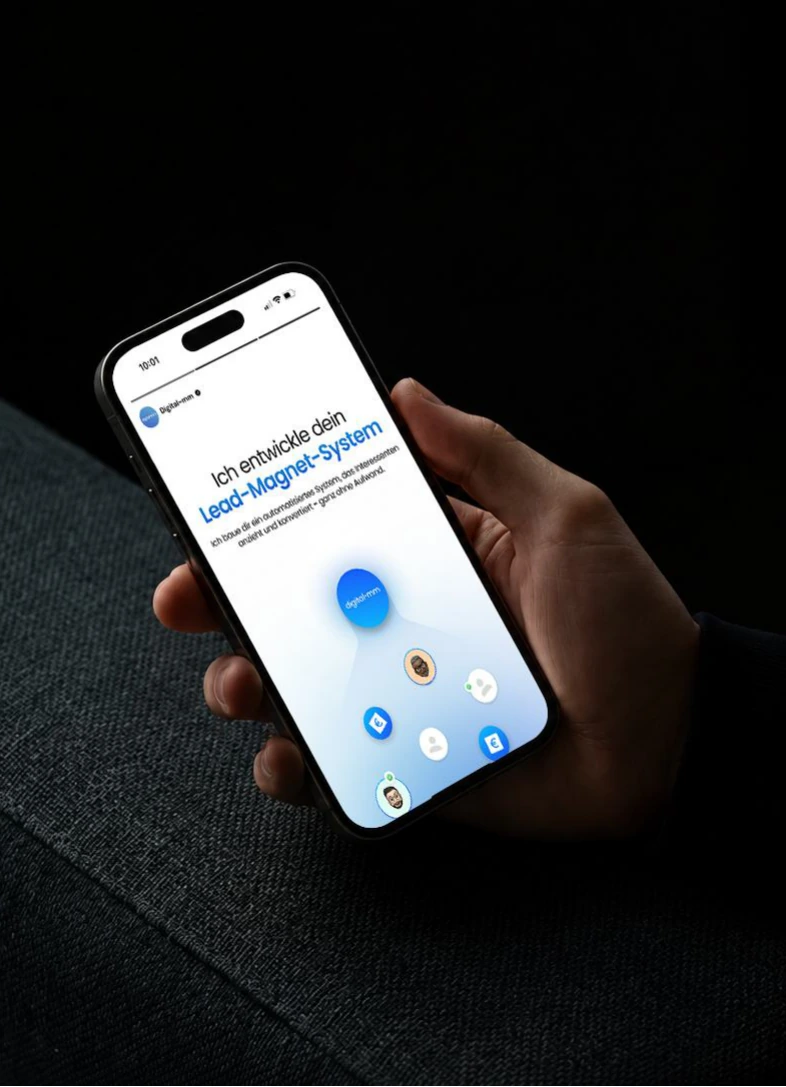 Dłoń trzymająca telefon z postem digital-mm na Instagramie: „Ich entwickle dein Lead-Magnet-System”