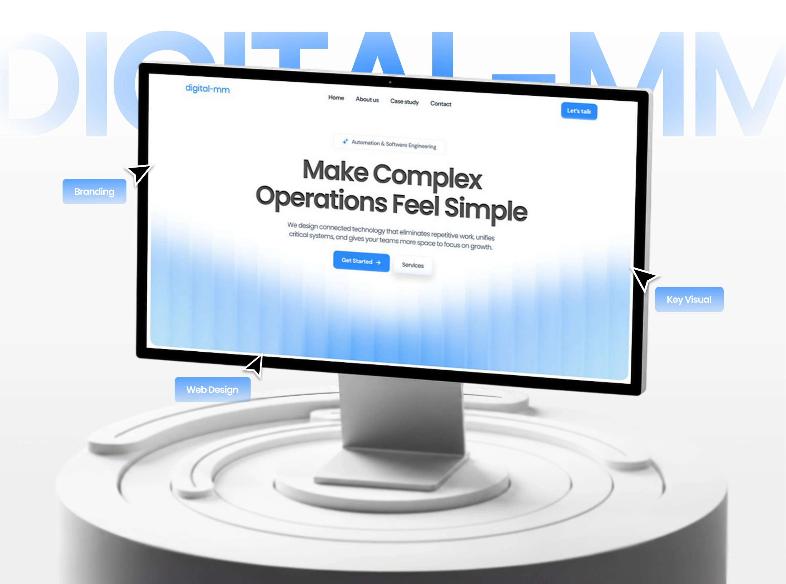 Strona digital-mm na monitorze, z podpisami Branding, Key Visual i Web Design