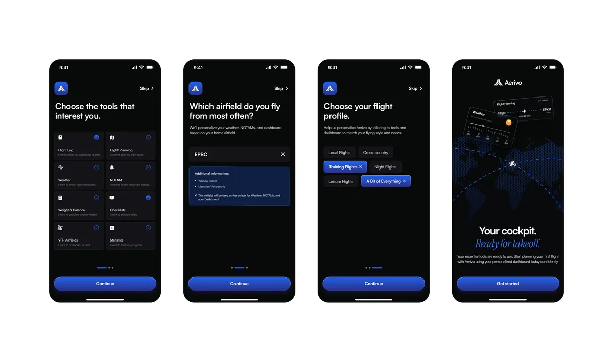Four phone screens from an app: choosing tools, airfields, a flight profile and the start screen