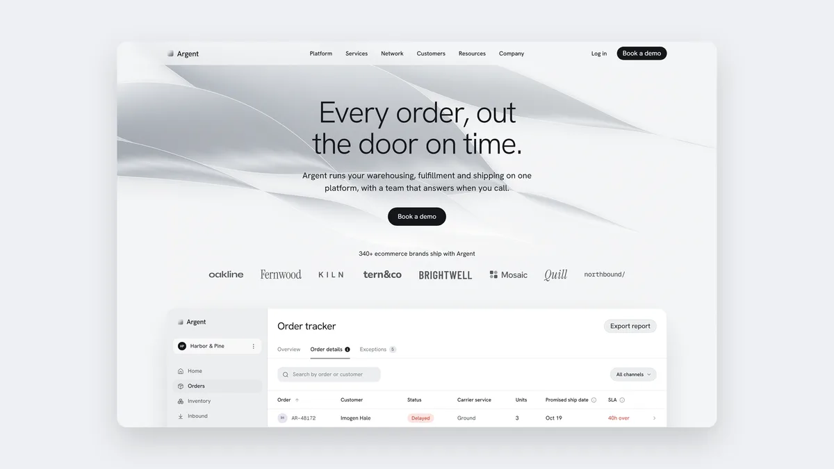 A light logistics landing page in a browser frame: the headline “Every order, out the door on time.”, client logos and an order tracker preview