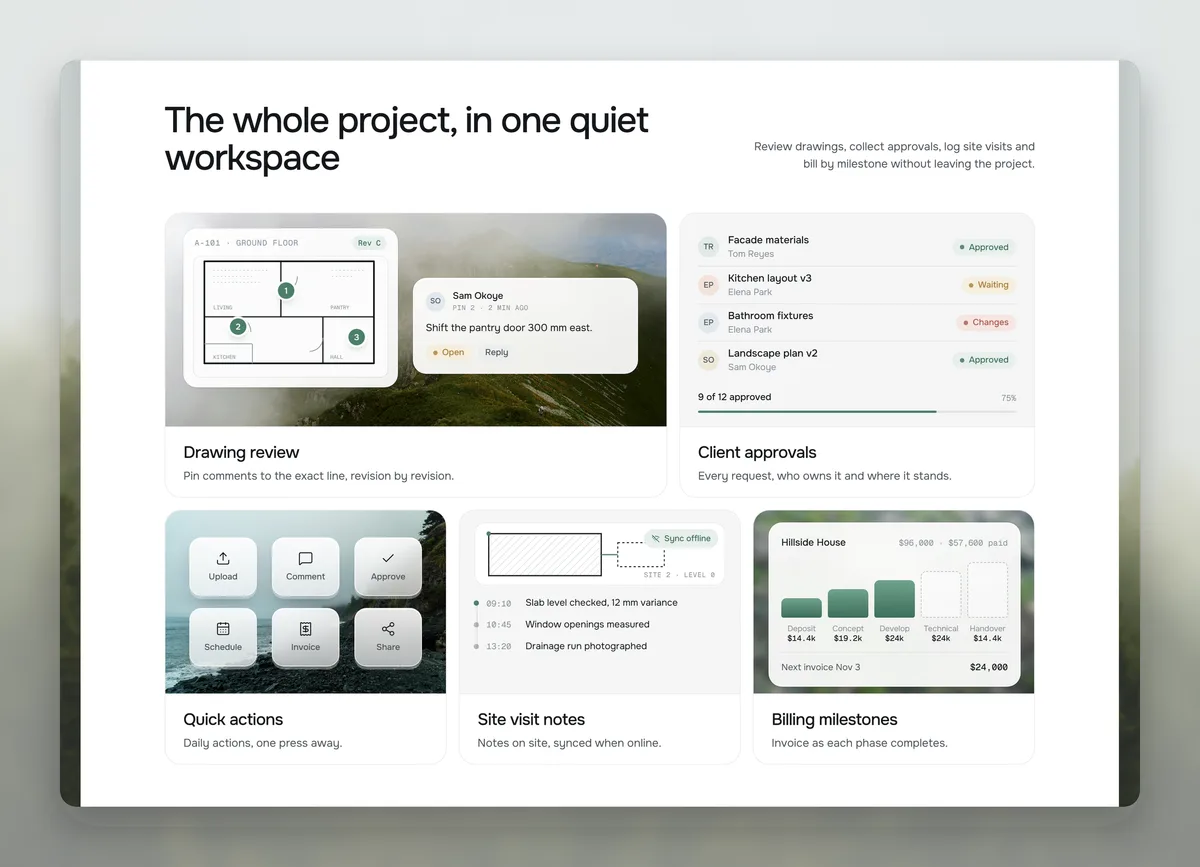 A features section as a bento grid on a light page: drawing review, client approvals, quick actions, site visit notes and billing milestones