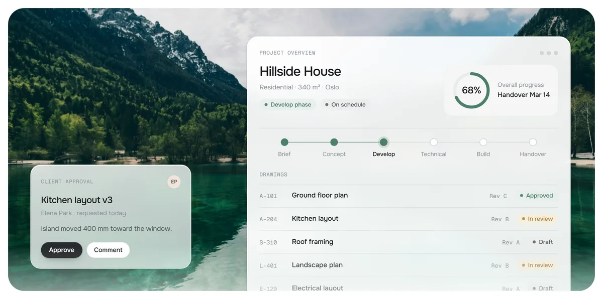 A hero visual: a project overview panel with progress, project phases and a drawings list, next to a client approval card on a mountain lake photo