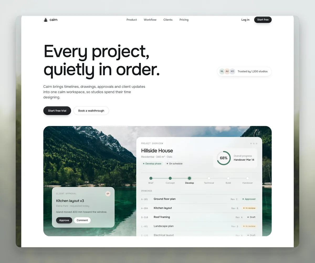 A light landing page for a project workspace for architecture studios in a browser frame: the headline “Every project, quietly in order.” above a project overview panel on a mountain lake photo