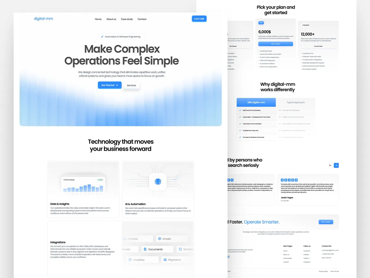 A website with the headline “Make Complex Operations Feel Simple” and sections for services, pricing and testimonials