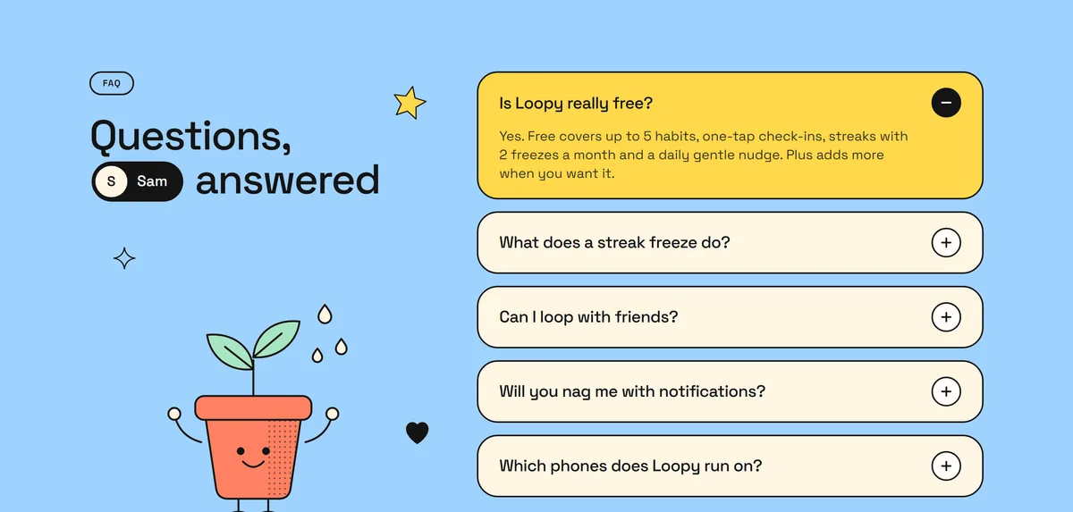 A FAQ section with questions and answers