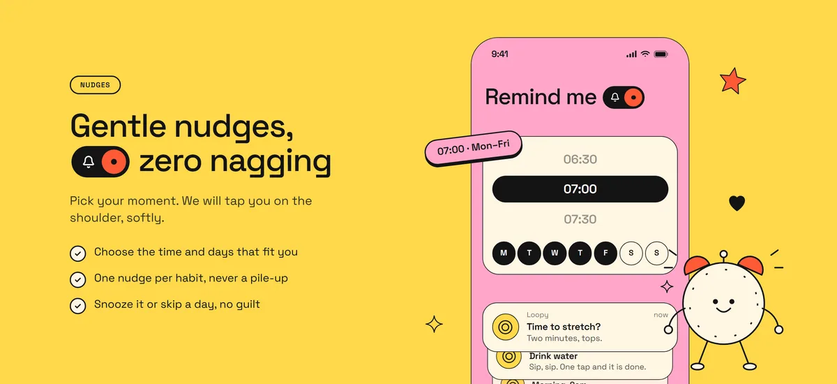 A features section with a phone screen showing gentle reminder nudges