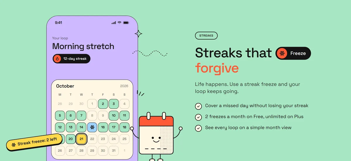 A features section with a phone screen showing habit streaks