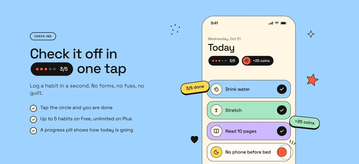 A features section with a phone screen showing habits checked off with a single tap