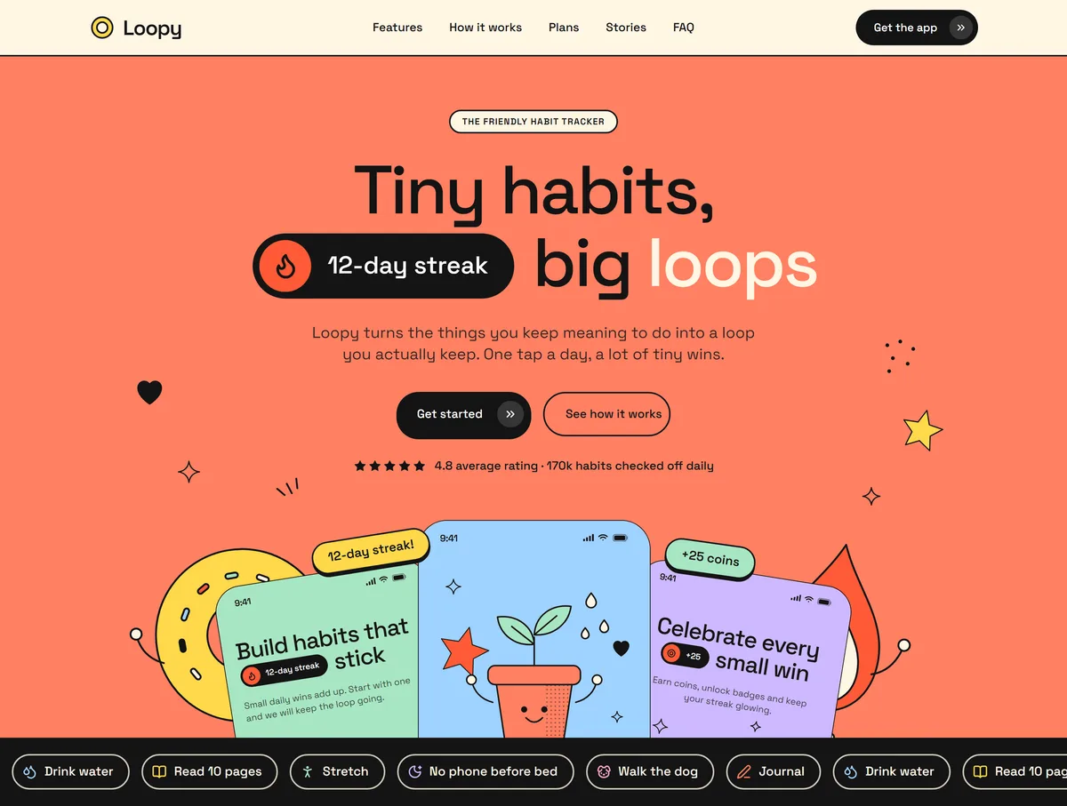 A colourful landing page hero for a habit app with the headline “Tiny habits, big loops”