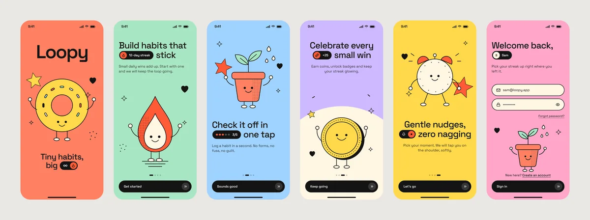 Six colorful, illustrated onboarding screens of a habit-building app: splash, habits, check-in, rewards, reminders and sign in