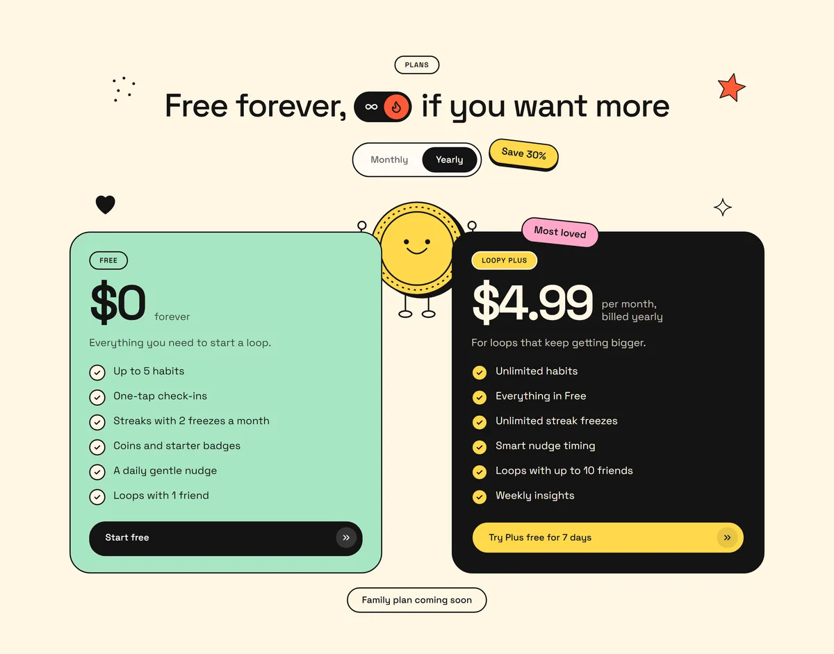 A pricing section with a free plan and a paid plan