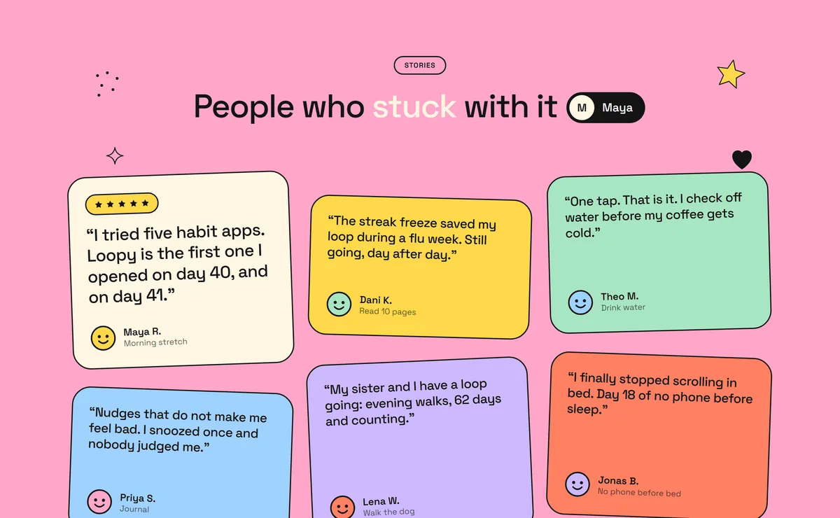 A section with short user stories on colourful cards