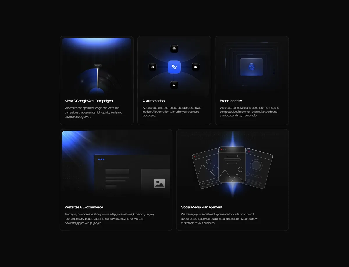A dark services section as a bento grid: ad campaigns, AI automation, brand identity, websites and social media