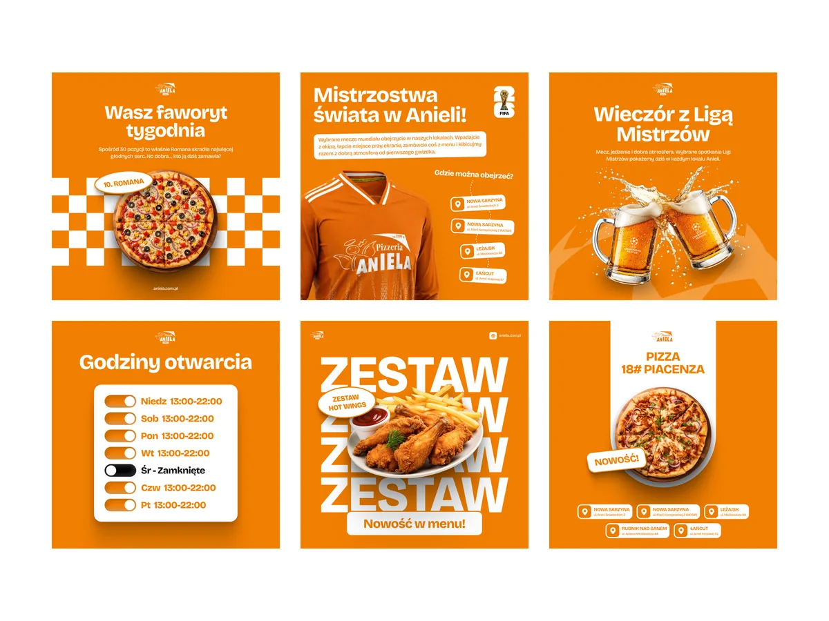 Six orange social media graphics for a pizzeria: pizza, a jersey, beer, opening hours and meal sets