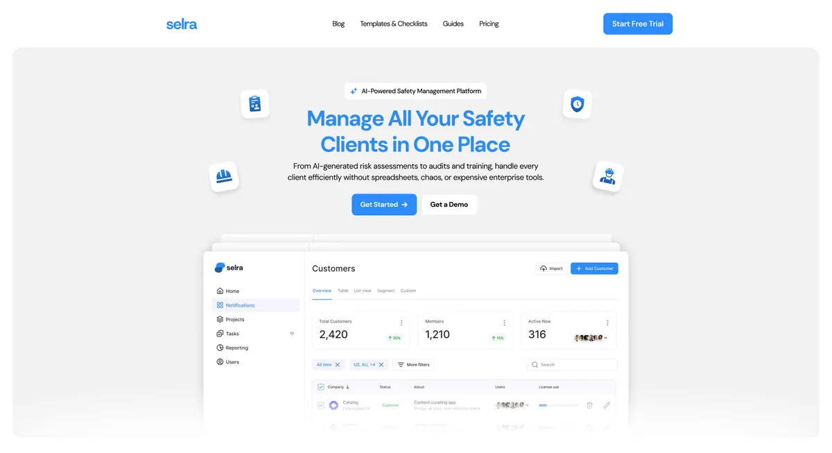 A website hero with the headline “Manage All Your Safety Clients in One Place” and a client dashboard view