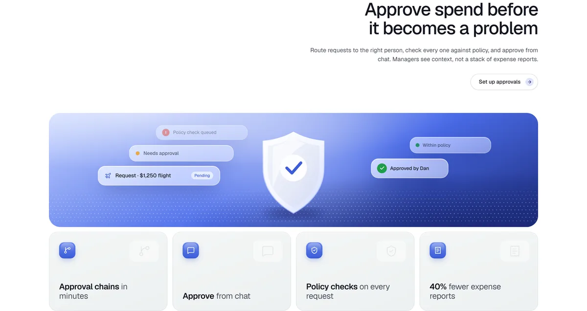 A features section about approvals: a wide blue panel with a shield and approval requests above four feature tiles