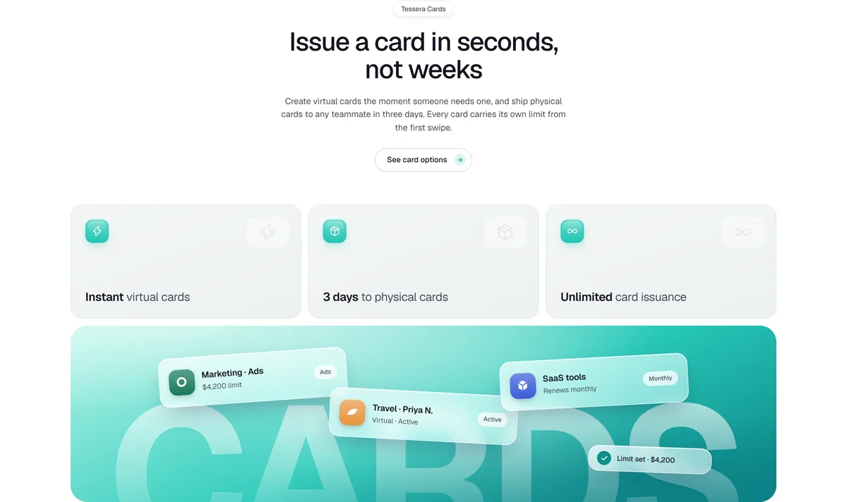 A features section about issuing cards: three feature tiles above a wide teal panel with floating virtual cards