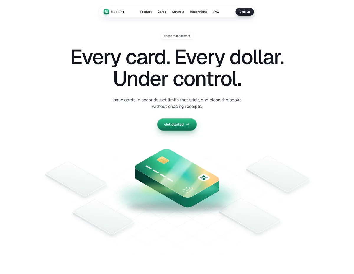 A light spend management landing page hero with the headline “Every card. Every dollar. Under control.” and a 3D payment card