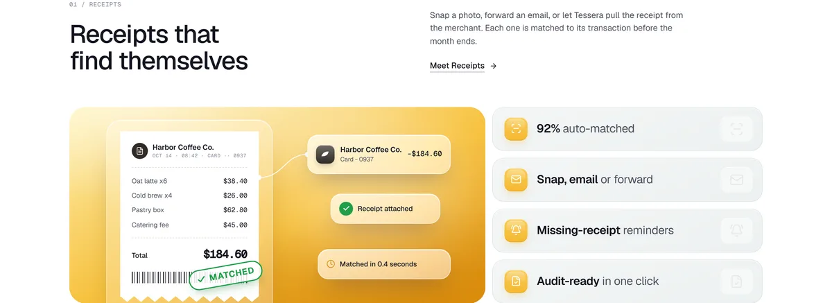 A features section about receipts: a yellow panel with a matched receipt next to four feature tiles